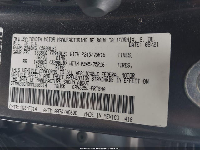 45983367 :رقم المزاد ، 3TMAZ5CN8MM158314 vin ، 2021 Toyota Tacoma Sr5 V6 مزاد بيع