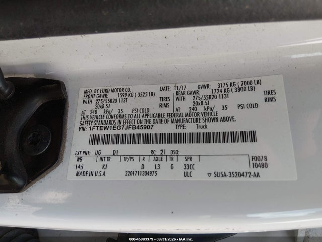 45983379 :رقم المزاد ، 1FTEW1EG7JFB45907 vin ، 2018 Ford F-150 King Ranch مزاد بيع
