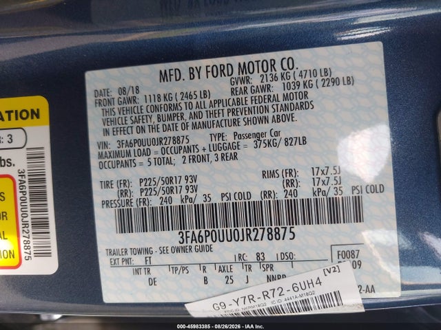 Ford Fusion Hybrid S 2018 3FA6P0UU0JR278875 Image 9