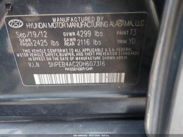 Продажа на аукционе авто 2013 Hyundai Sonata Gls, vin: 5NPEB4AC2DH607316, номер лота: 45983402