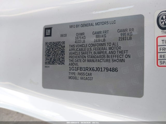 2018 Chevrolet Camaro 1lt მანქანა იყიდება აუქციონზე, vin: 1G1FB1RX6J0179486, აუქციონის ნომერი: 45983410