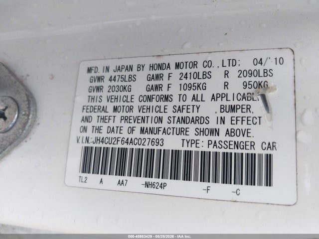 45983429 :رقم المزاد ، JH4CU2F64AC027693 vin ، 2010 Acura Tsx 2.4 مزاد بيع