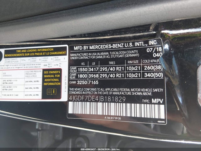 45983437 :رقم المزاد ، 4JGDF7DE4JB181829 vin ، 2018 Mercedes-benz Gls 550 4matic مزاد بيع