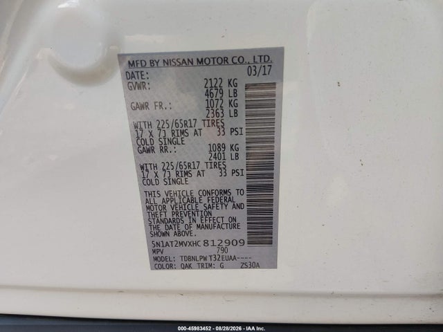 2017 Nissan Rogue S მანქანა იყიდება აუქციონზე, vin: 5N1AT2MVXHC812909, აუქციონის ნომერი: 45983452