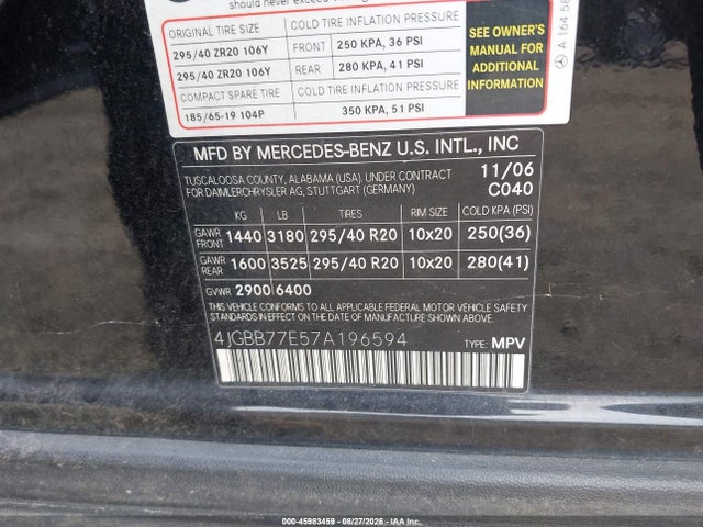 45983459 :رقم المزاد ، 4JGBB77E57A196594 vin ، 2007 Mercedes-benz Ml 63 Amg 4matic مزاد بيع