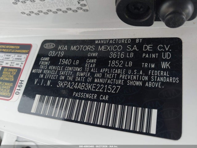 Продаж на аукціоні авто 2019 Kia Rio Lx, vin: 3KPA24AB3KE221527, номер лоту: 45983465