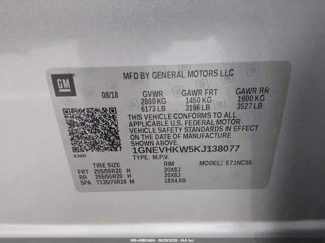 Aukcja sprzedaży 2019 Chevrolet Traverse 3lt, vin: 1GNEVHKW5KJ138077, numer aukcji: 45983466