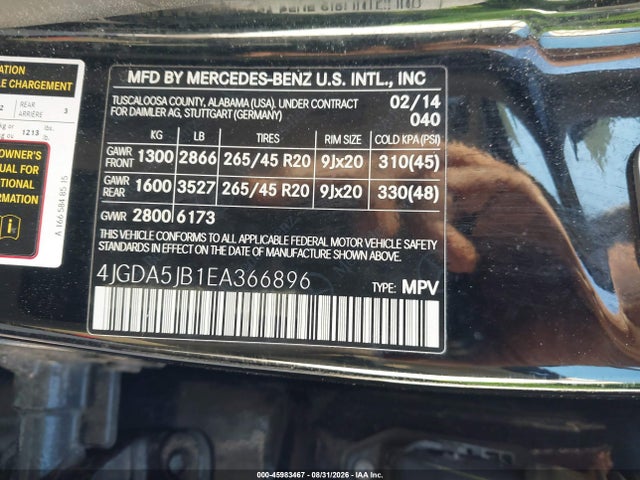 Aukcja sprzedaży 2014 Mercedes-benz Ml 350, vin: 4JGDA5JB1EA366896, numer aukcji: 45983467