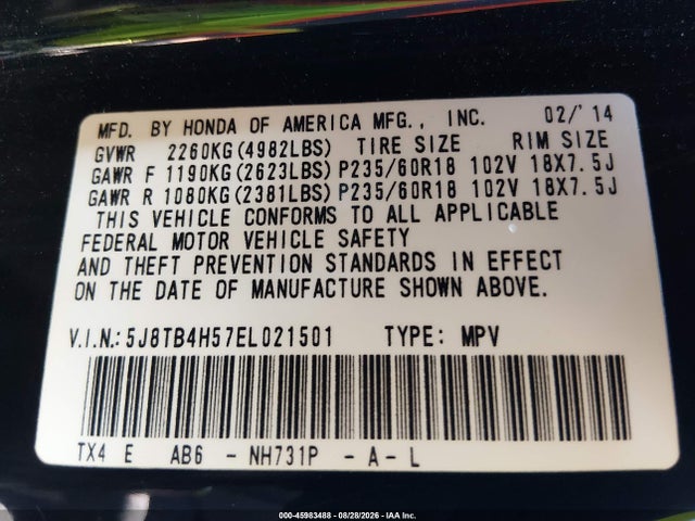 2014 Acura Rdx Technology მანქანა იყიდება აუქციონზე, vin: 5J8TB4H57EL021501, აუქციონის ნომერი: 45983488