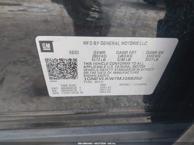 45983493 :رقم المزاد ، 1GNEVLKW7MJ168252 vin ، 2021 Chevrolet Traverse Awd 1fl مزاد بيع