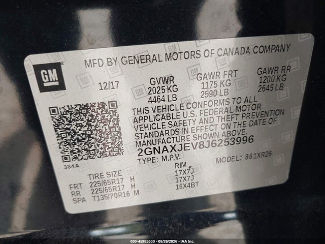 45983500 :رقم المزاد ، 2GNAXJEV8J6253996 vin ، 2018 Chevrolet Equinox Lt مزاد بيع