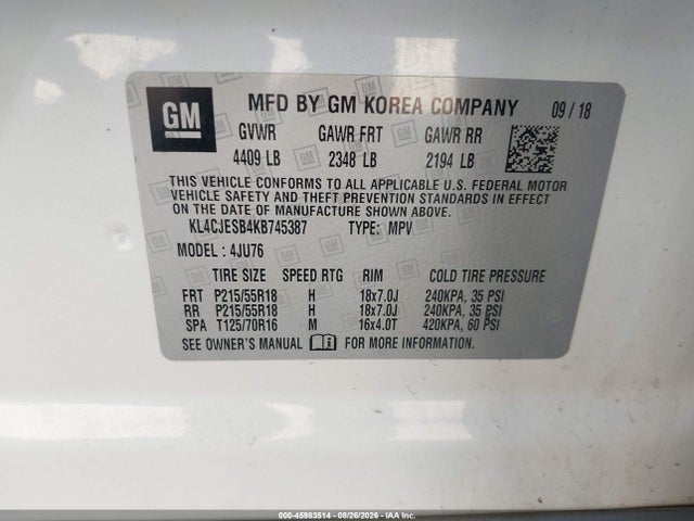 45983514 :رقم المزاد ، KL4CJESB4KB745387 vin ، 2019 Buick Encore Awd Preferred مزاد بيع