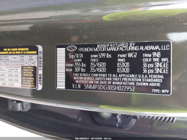 Продажа на аукционе авто 2025 Hyundai Santa Fe Hybrid Limited, vin: 5NMP3DG10SH022952, номер лота: 45983517