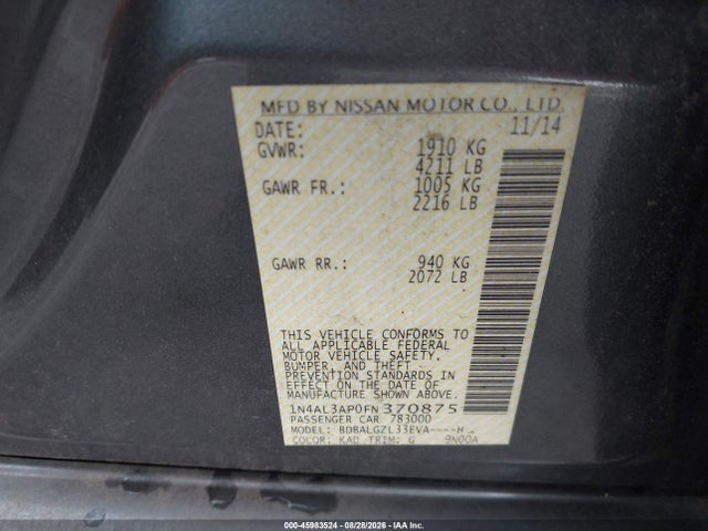 2015 Nissan Altima 2.5 S მანქანა იყიდება აუქციონზე, vin: 1N4AL3AP0FN370875, აუქციონის ნომერი: 45983524