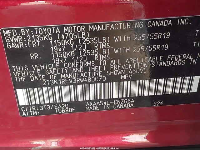 2024 Toyota Rav4 Limited მანქანა იყიდება აუქციონზე, vin: 2T3N1RFV3RW480070, აუქციონის ნომერი: 45983528