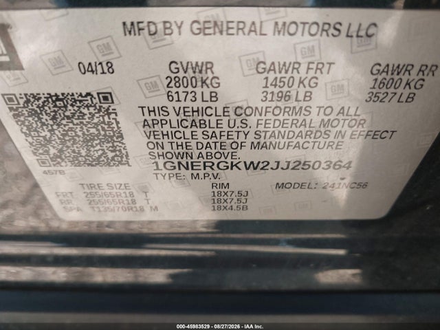 Aukcja sprzedaży 2018 Chevrolet Traverse Lt Cloth, vin: 1GNERGKW2JJ250364, numer aukcji: 45983529