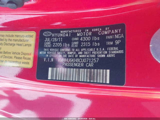 45983562 :رقم المزاد ، KMHHU6KH8CU071257 vin ، 2012 Hyundai Genesis 3.8 Track مزاد بيع