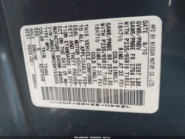 2011 Nissan Murano Sl მანქანა იყიდება აუქციონზე, vin: JN8AZ1MW2BW153000, აუქციონის ნომერი: 45983564