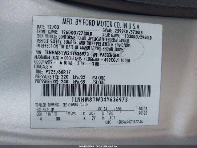Продаж на аукціоні авто 2004 Lincoln Town Car Signature, vin: 1LNHM81W34Y636973, номер лоту: 45983568