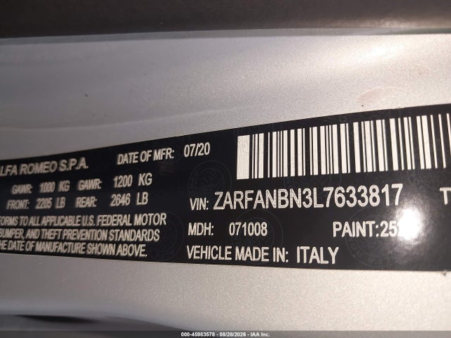 Aukcja sprzedaży 2020 Alfa Romeo Giulia Ti Sport Awd, vin: ZARFANBN3L7633817, numer aukcji: 45983578