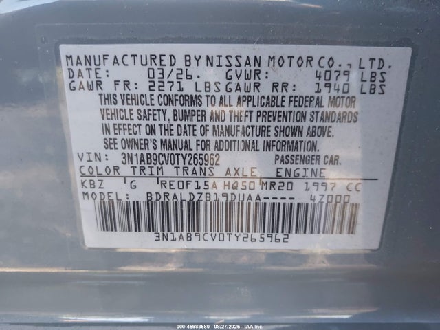 2026 Nissan Sentra Sv მანქანა იყიდება აუქციონზე, vin: 3N1AB9CV0TY265962, აუქციონის ნომერი: 45983580