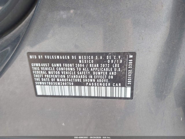 Aukcja sprzedaży 2019 Volkswagen Jetta 1.4t S, vin: 3VWN57BU3KM260759, numer aukcji: 45983581