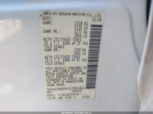 Продаж на аукціоні авто 2018 Nissan Murano Platinum, vin: 5N1AZ2MG8JN128161, номер лоту: 45983582