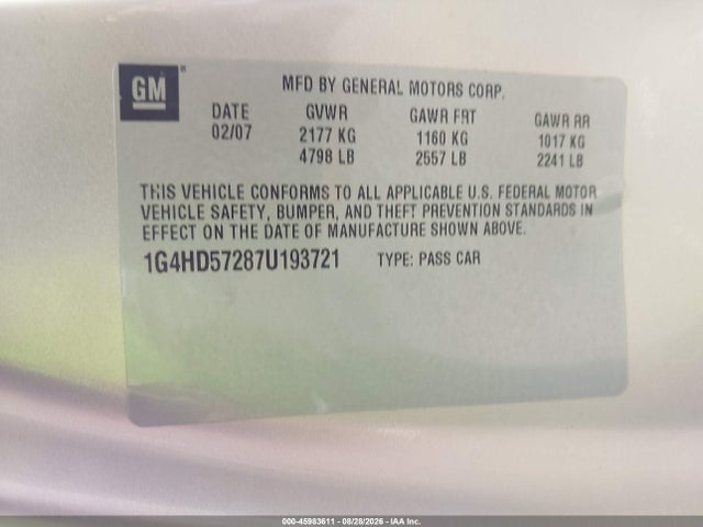 2007 Buick Lucerne Cxl მანქანა იყიდება აუქციონზე, vin: 1G4HD57287U193721, აუქციონის ნომერი: 45983611