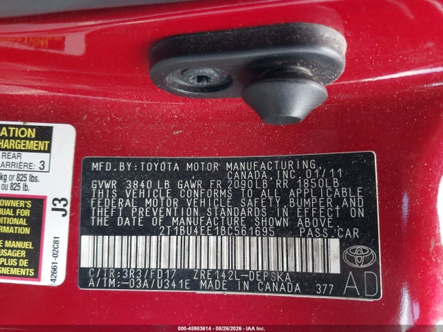 Aukcja sprzedaży 2011 Toyota Corolla S, vin: 2T1BU4EE1BC561695, numer aukcji: 45983614