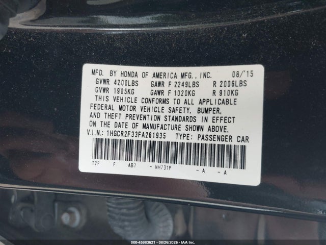 Продажа на аукционе авто 2015 Honda Accord Lx, vin: 1HGCR2F33FA261935, номер лота: 45983621