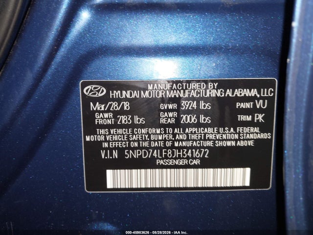 2018 Hyundai Elantra Se მანქანა იყიდება აუქციონზე, vin: 5NPD74LF8JH341672, აუქციონის ნომერი: 45983626