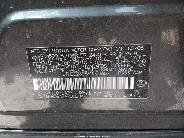 Продажа на аукционе авто 2006 Lexus Is 350, vin: JTHBE262862003657, номер лота: 45983630