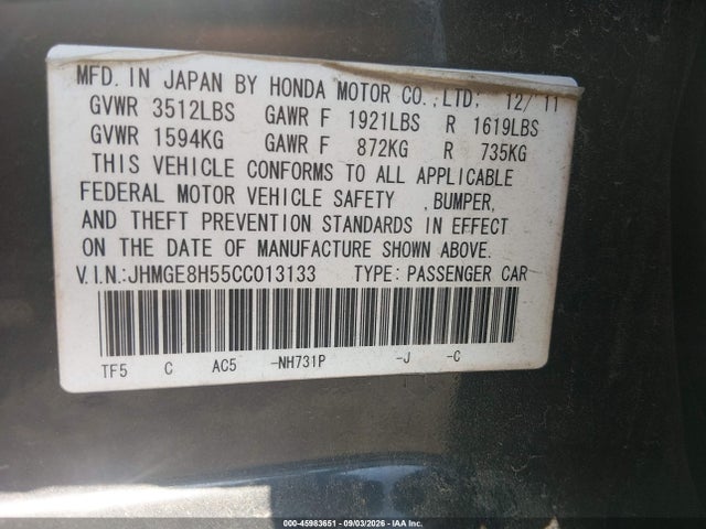 Продажа на аукционе авто 2012 Honda Fit Sport, vin: JHMGE8H55CC013133, номер лота: 45983651
