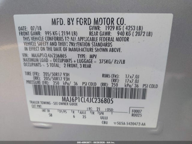 Aukcja sprzedaży 2018 Ford Ecosport Ses, vin: MAJ6P1CL4JC236805, numer aukcji: 45983671