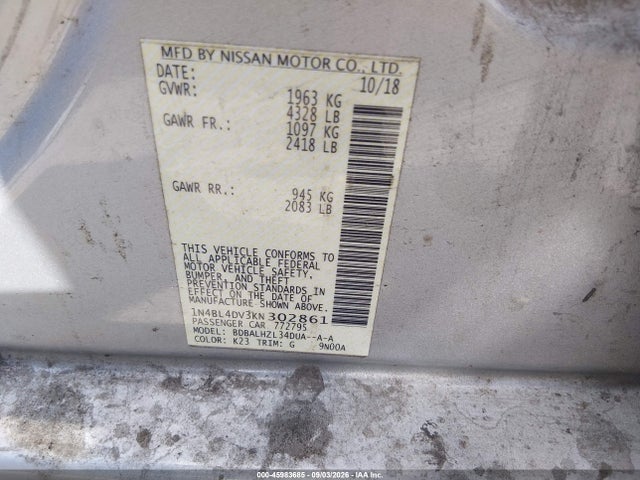 Продажа на аукционе авто 2019 Nissan Altima 2.5 Sv, vin: 1N4BL4DV3KN302861, номер лота: 45983685