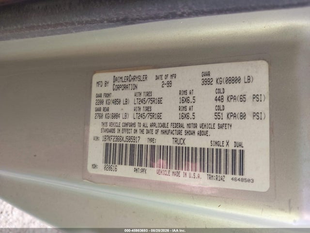 Aukcja sprzedaży 1999 Dodge Ram 2500 St, vin: 1B7KF2366XJ585917, numer aukcji: 45983693