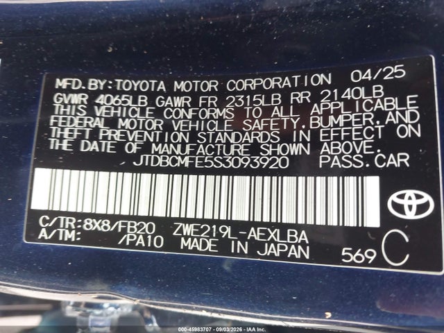 2025 Toyota Corolla Hybrid Le მანქანა იყიდება აუქციონზე, vin: JTDBCMFE5S3093920, აუქციონის ნომერი: 45983707