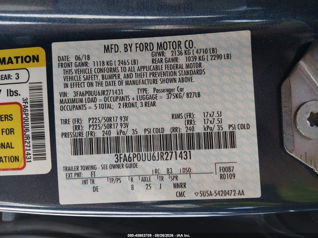 Продаж на аукціоні авто 2018 Ford Fusion Hybrid S, vin: 3FA6P0UU6JR271431, номер лоту: 45983709