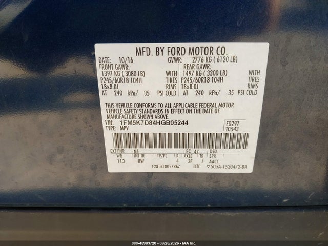 45983720 :رقم المزاد ، 1FM5K7D84HGB05244 vin ، 2017 Ford Explorer Xlt مزاد بيع