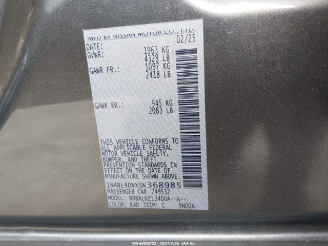 2025 Nissan Altima Sv Fwd მანქანა იყიდება აუქციონზე, vin: 1N4BL4DVXSN368985, აუქციონის ნომერი: 45983722