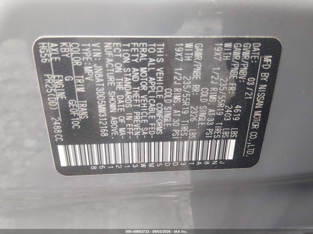 45983733 :رقم المزاد ، JN8AT3DD5MW312168 vin ، 2021 Nissan Rogue Platinum Intelligent Awd مزاد بيع