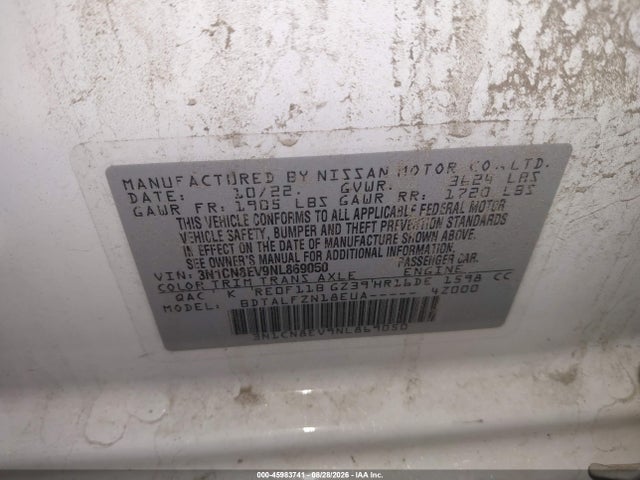 Aukcja sprzedaży 2022 Nissan Versa 1.6 Sv Xtronic Cvt, vin: 3N1CN8EV9NL869050, numer aukcji: 45983741