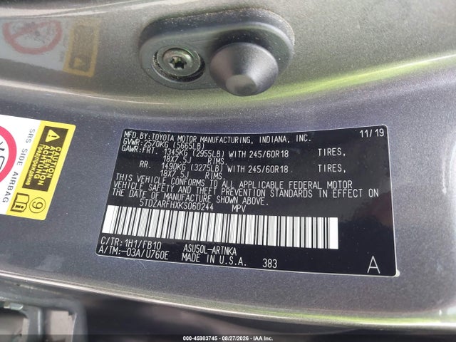 Продаж на аукціоні авто 2019 Toyota Highlander Le, vin: 5TDZARFHXKS060244, номер лоту: 45983745