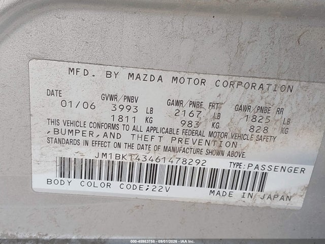 2006 Mazda Mazda3 S მანქანა იყიდება აუქციონზე, vin: JM1BK143461478292, აუქციონის ნომერი: 45983758