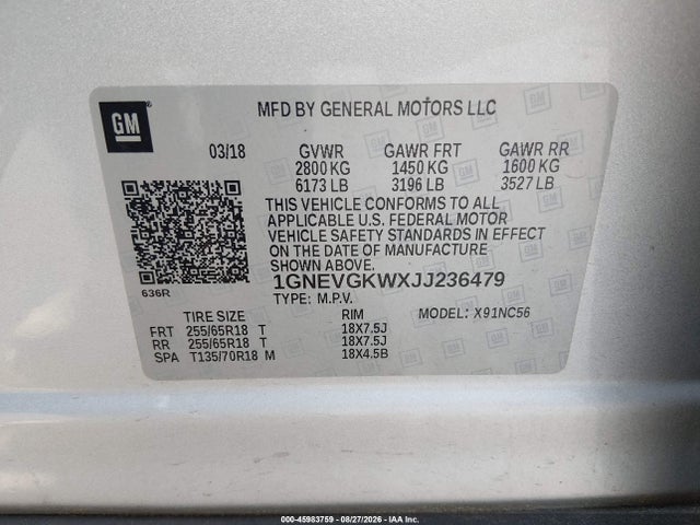 Продажа на аукционе авто 2018 Chevrolet Traverse 1lt, vin: 1GNEVGKWXJJ236479, номер лота: 45983759