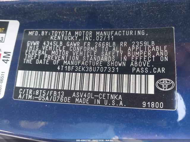 Продажа на аукционе авто 2011 Toyota Camry Le, vin: 4T1BF3EK3BU707331, номер лота: 45983765