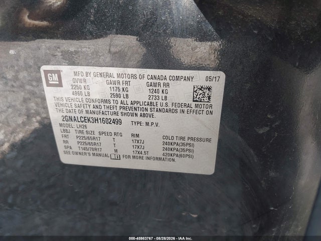 45983767 :رقم المزاد ، 2GNALCEK3H1602499 vin ، 2017 Chevrolet Equinox Lt مزاد بيع