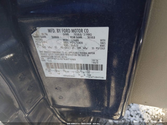 2007 Ford F-150 Lariat/xlt მანქანა იყიდება აუქციონზე, vin: 1FTPW12V97KA71093, აუქციონის ნომერი: 45983771