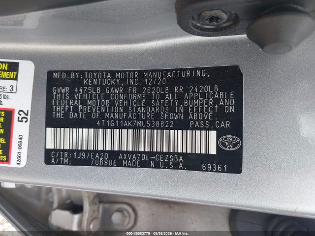 Продаж на аукціоні авто 2021 Toyota Camry Se, vin: 4T1G11AK7MU538822, номер лоту: 45983779