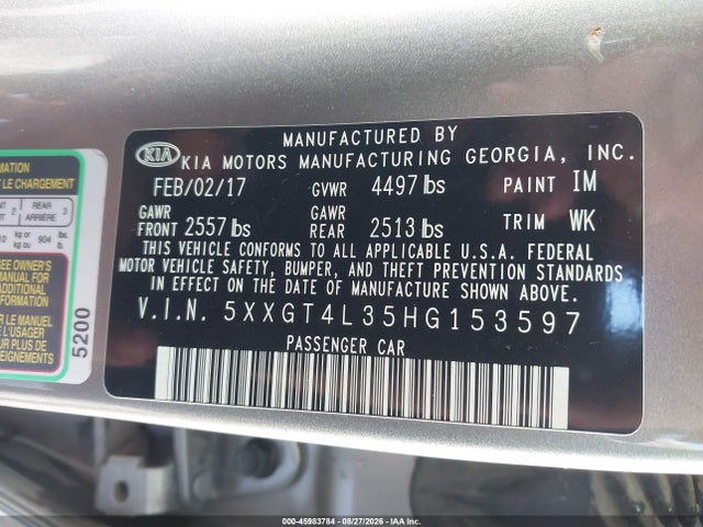 2017 Kia Optima Lx მანქანა იყიდება აუქციონზე, vin: 5XXGT4L35HG153597, აუქციონის ნომერი: 45983784